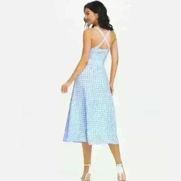 Summer midi checkered Blue dress Size  med - Picture 2 of 10